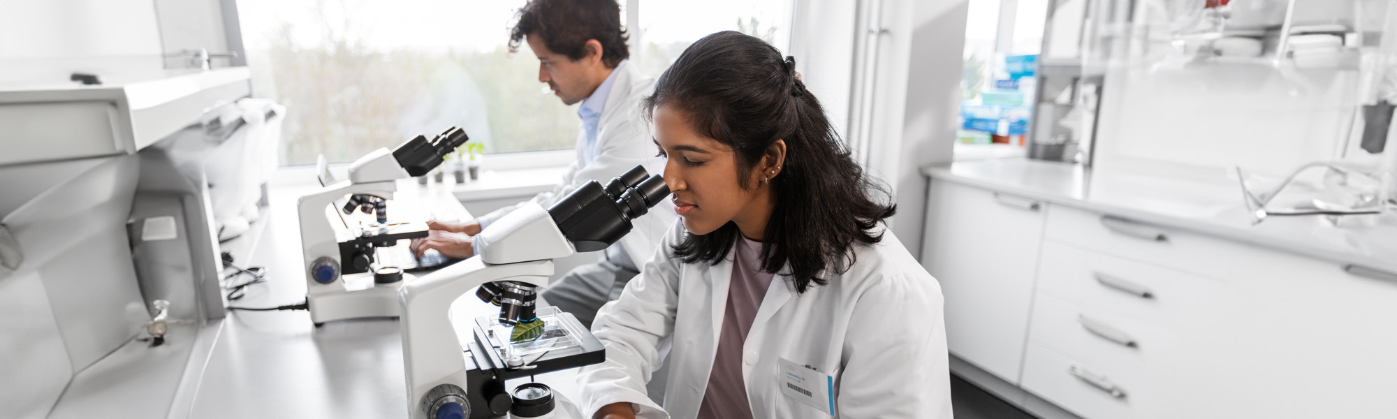 international team of scientists with microscopes working in laboratory image