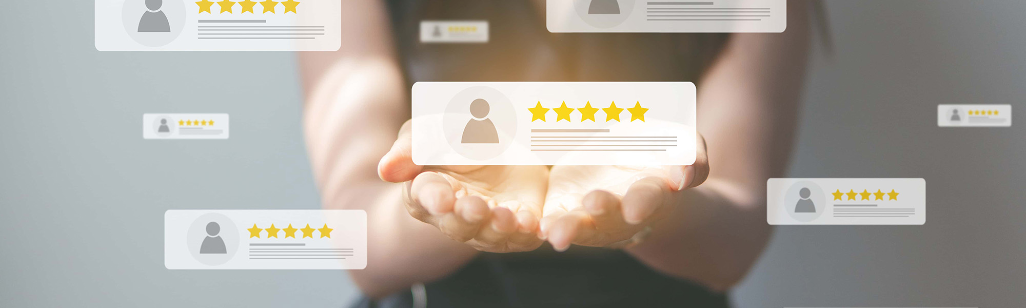 woman holding reviews graphic image