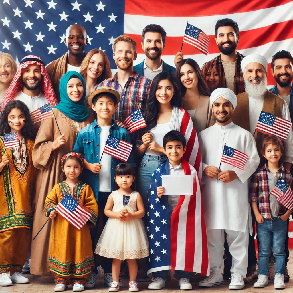 Various immigrants to the U.S. from various nations and ethnicities standing proudly in front of an American flag celebrating their immigration; New DHS Online Registration for Foreign Nationals image